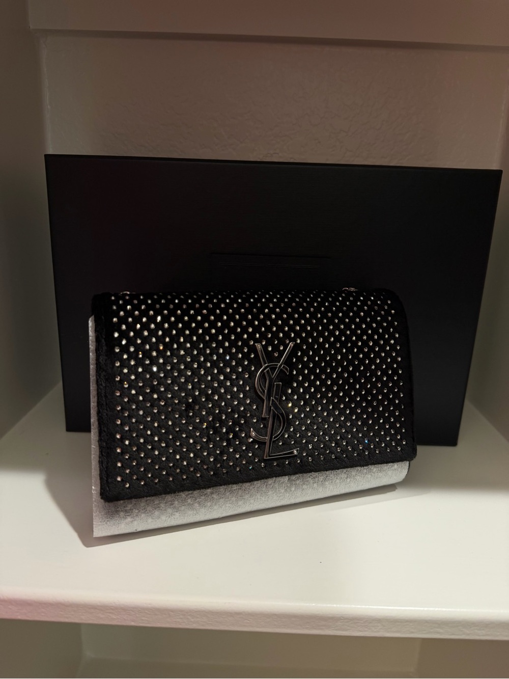 New! Saint Laurent Black Velvet
Crossbody Bag with Crystal Accents - Picture 10 of 15